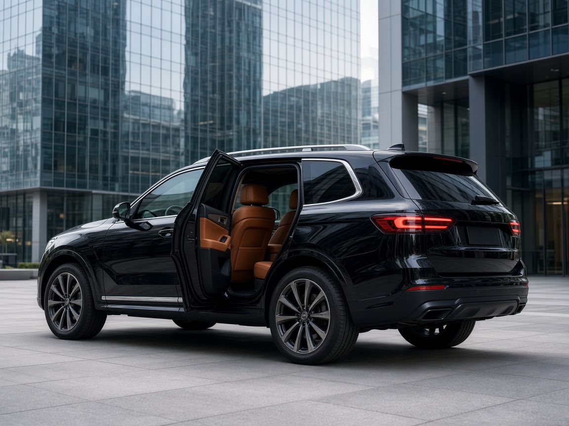 SUV noir, portière ouverte, devant des tours de verre