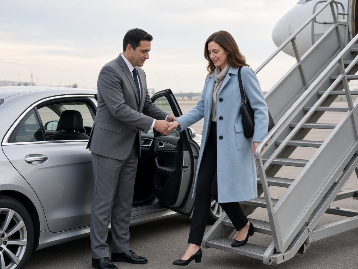 Un chauffeur aide une voyageuse à descendre d'une berline argentée
